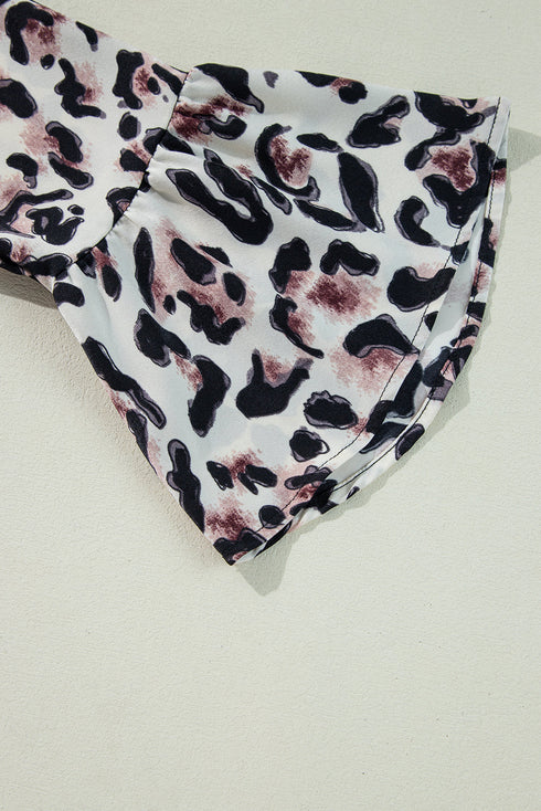 Leopard Print Buttoned Front 3/4 Sleeve Tiered Ruffled Hem Dress